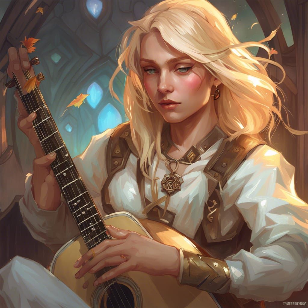 Fantasy Bard Portrait with Guitar in Art Nouveau Style