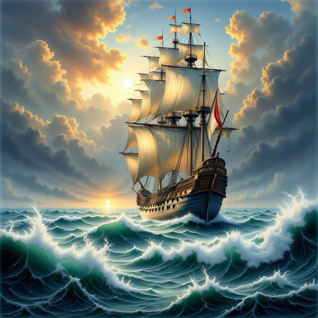 Stormy Galleon on Turbulent Seas