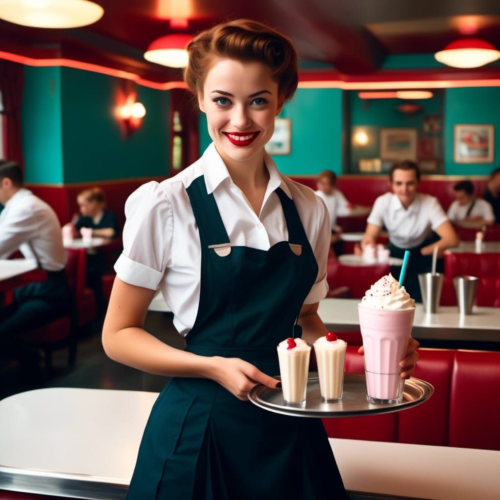 Classic Diner Waitress with Milkshakes