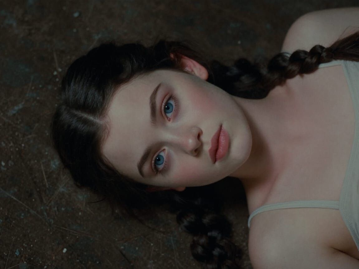 Serene Woman with Blue Eyes in Cinematic Film Still