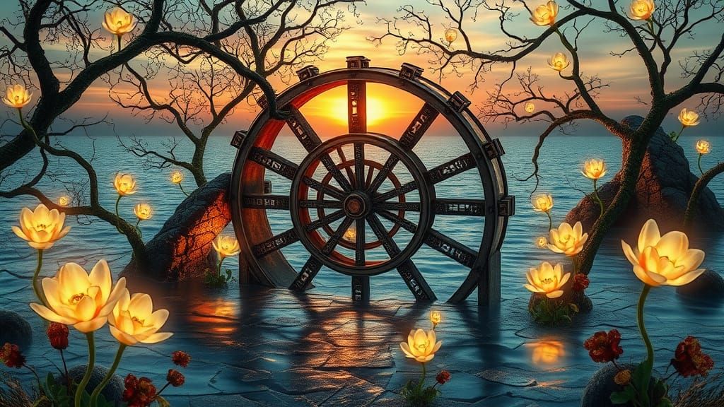 Surreal Waterwheel Bio Art in Vibrant, Glowing Colors