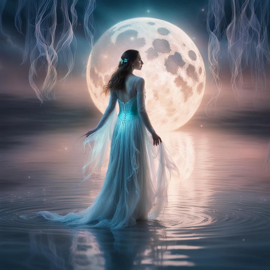 Mystical Woman in Glowing Waters: Conceptual Art