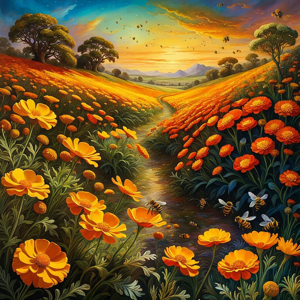 Marigolds and Bees in Pre-Raphaelite Style