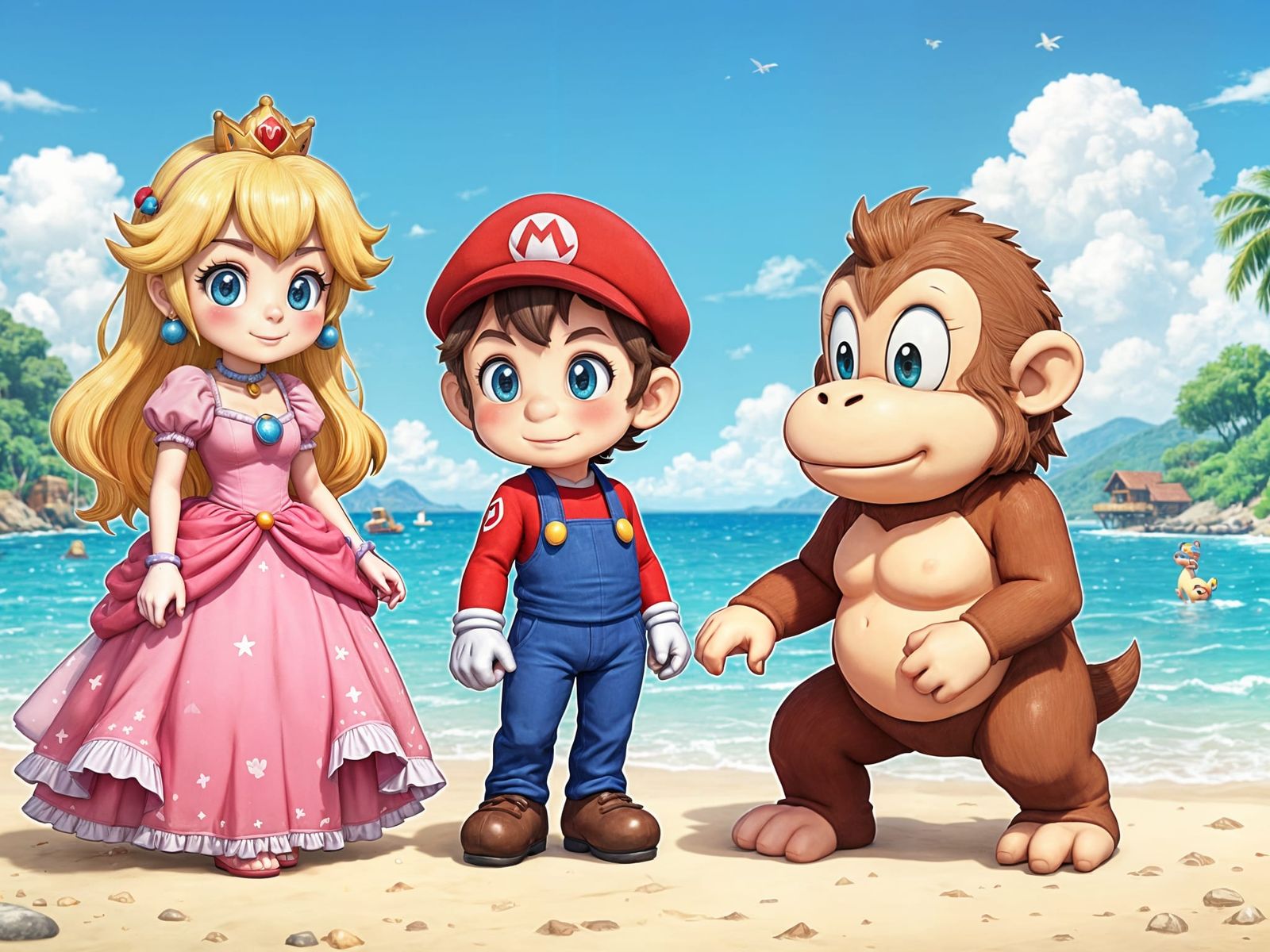 Princess Peach, Mario and Donkey Kong at the Beach