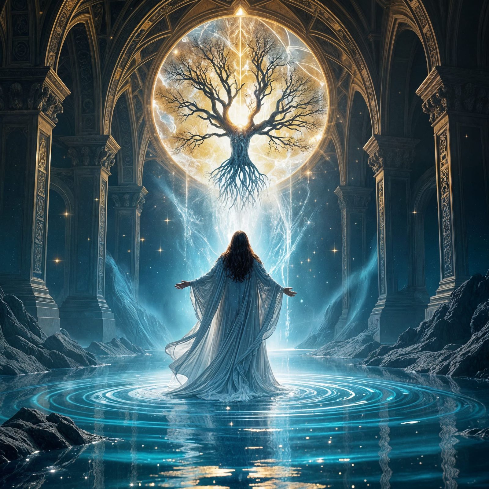 Luminous Figure in Cosmic Cathedral