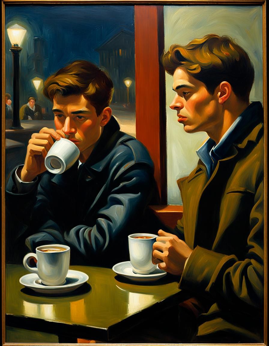 Men in Cafe: American Realism Oil Painting