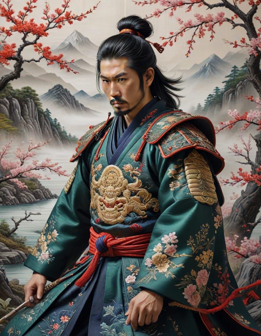 Stunning Silk Embroidered Samurai Portrait in Hyper-Realisti...