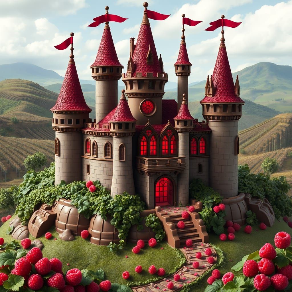 Chocolate and Raspberry Castle in Whimsical Castlecore Style