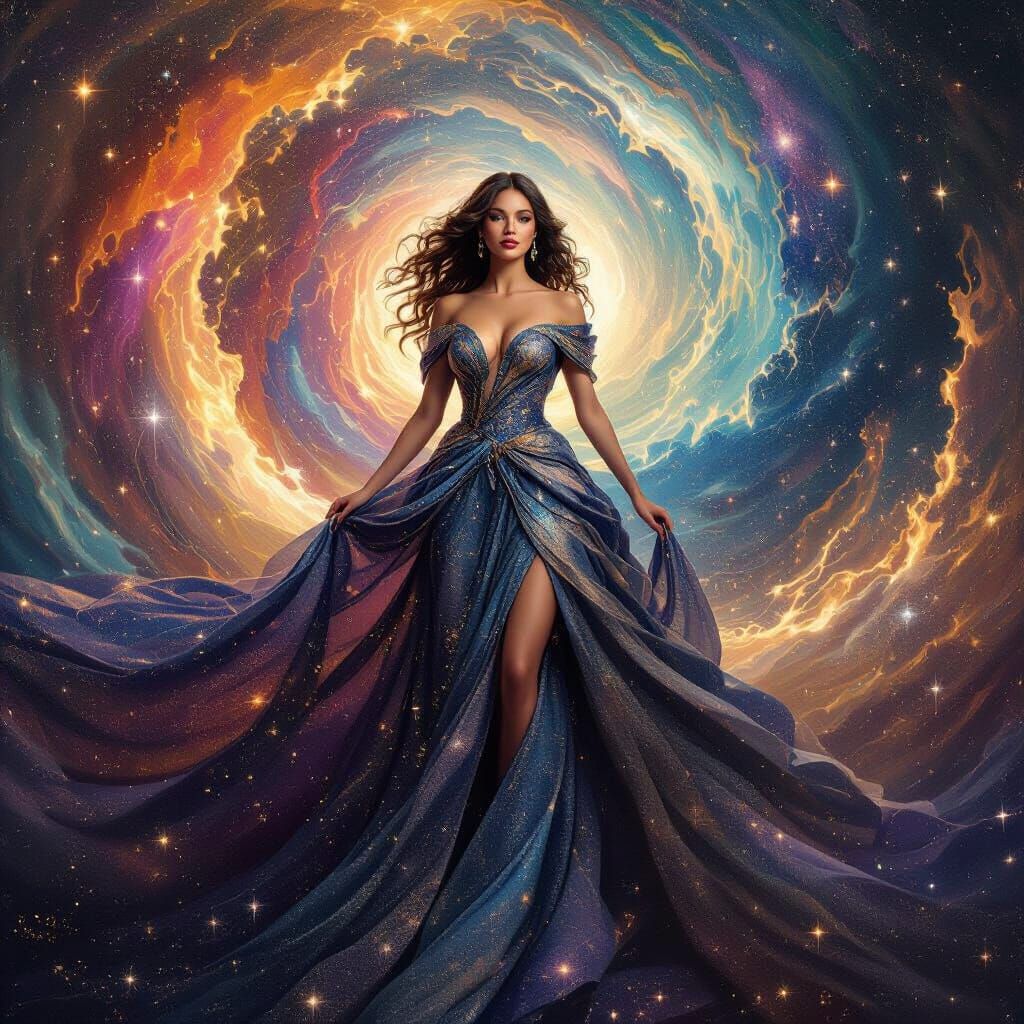 Cosmic Baroque: Regal Woman in Galaxy Vortex