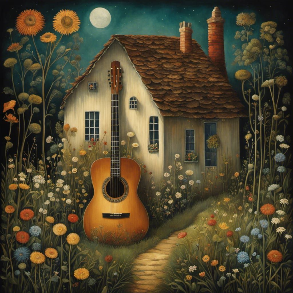 Guitar, Wildflowers, and Cottage in Romantic Style