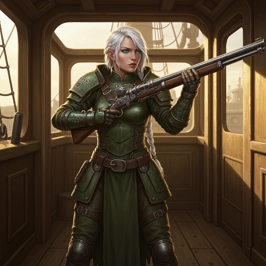 Alina in Green Armor on Ship Deck with Musket