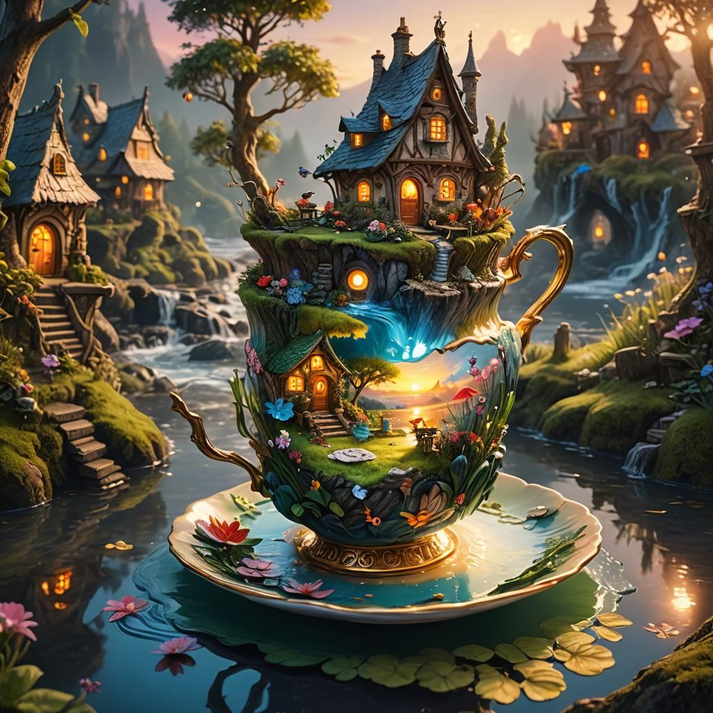 Magical Teacup Fairy Village Riverscape Splash Art