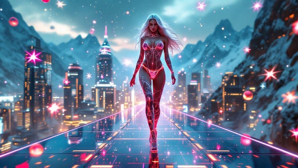 Futuristic Fashion Model Dominates High-Tech Runway in 3030...