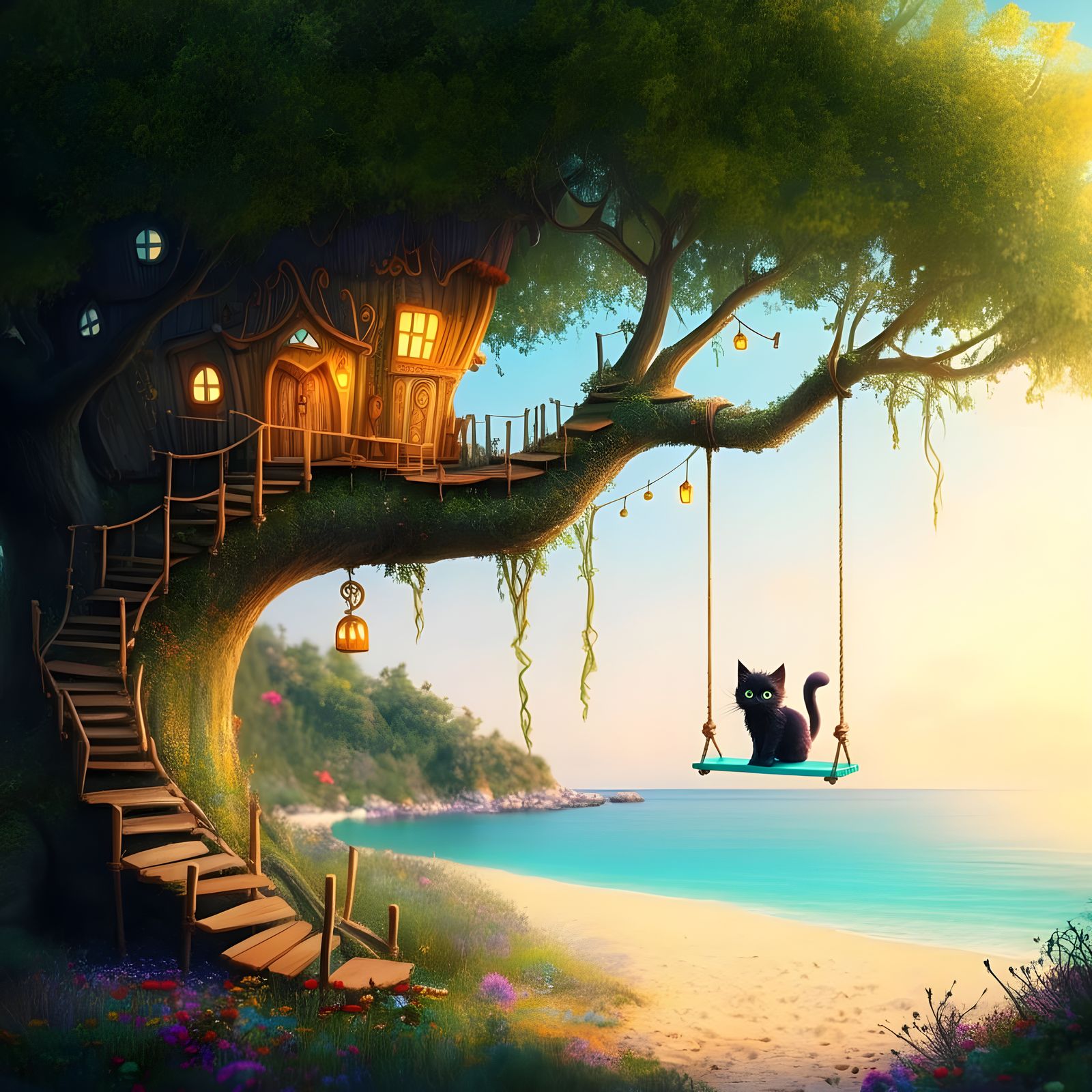 Whimsical Black Cat in an Enchanted Arboreal Oasis