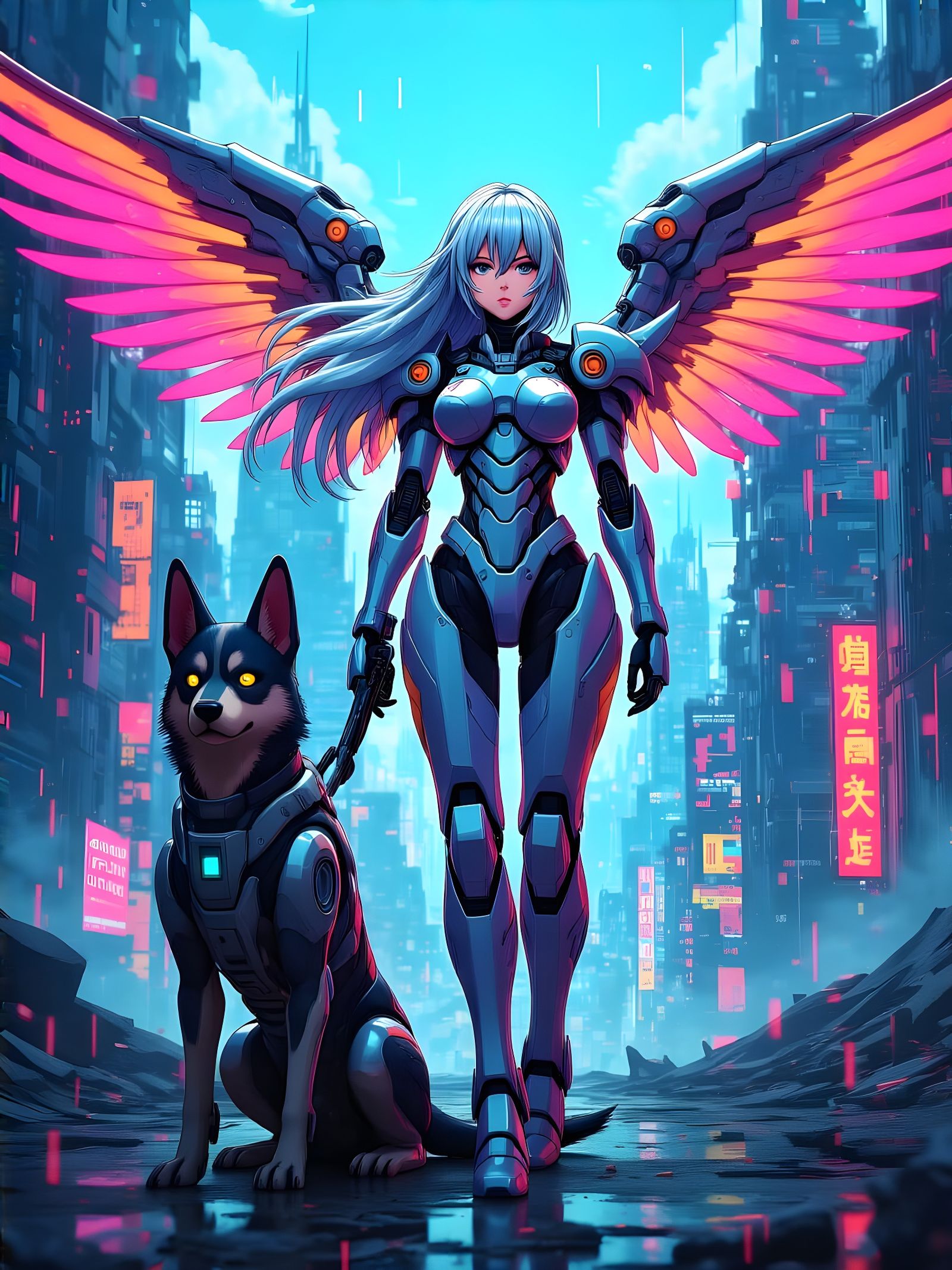 Winged Cyborg with Mecha Dog in Anime Glitch Art