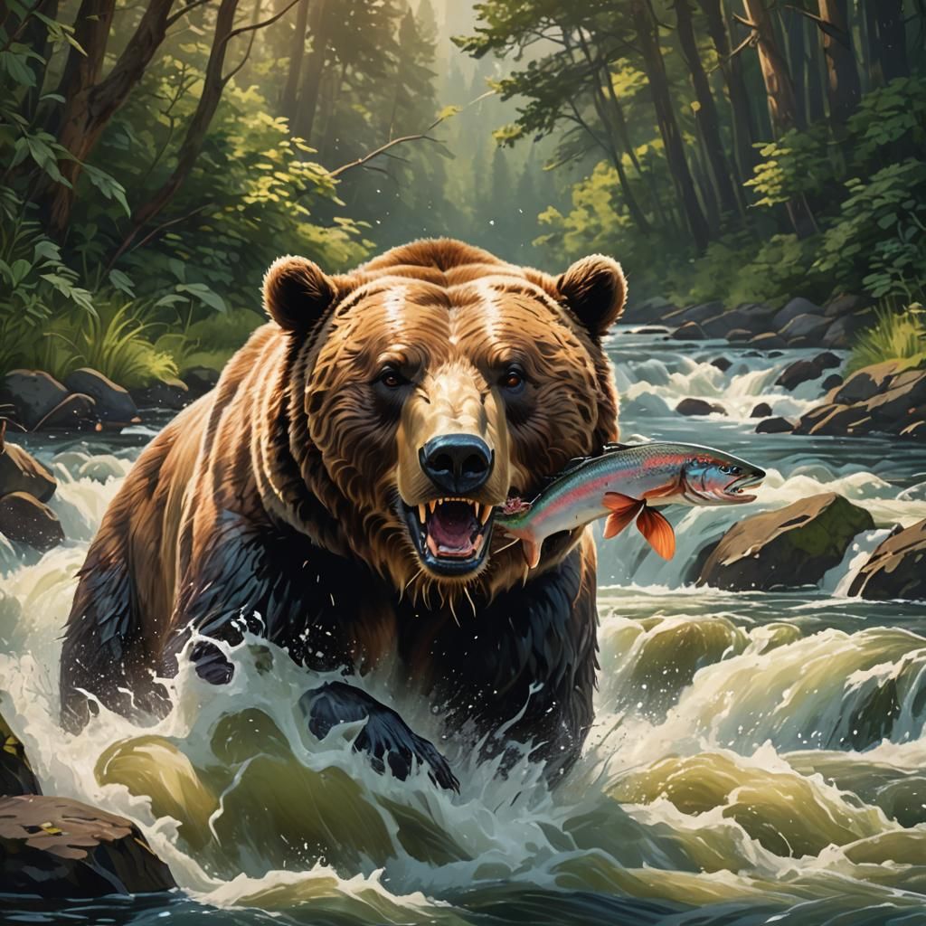 Bear Catching Salmon in River: Wildlife Concept Art