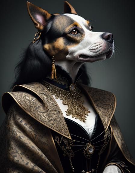 A dog woman with dog head,face and eyes dressed in extravaga...
