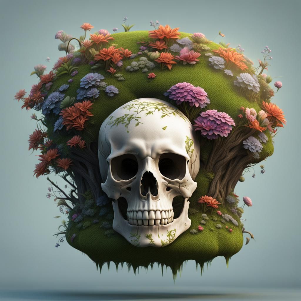 Floral Skull: Detailed Matte Painting in Fantasy Style