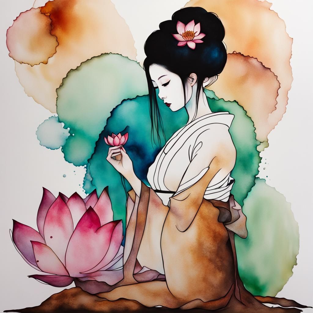 Minimalist Lotus Geisha with Alcohol Ink Effect