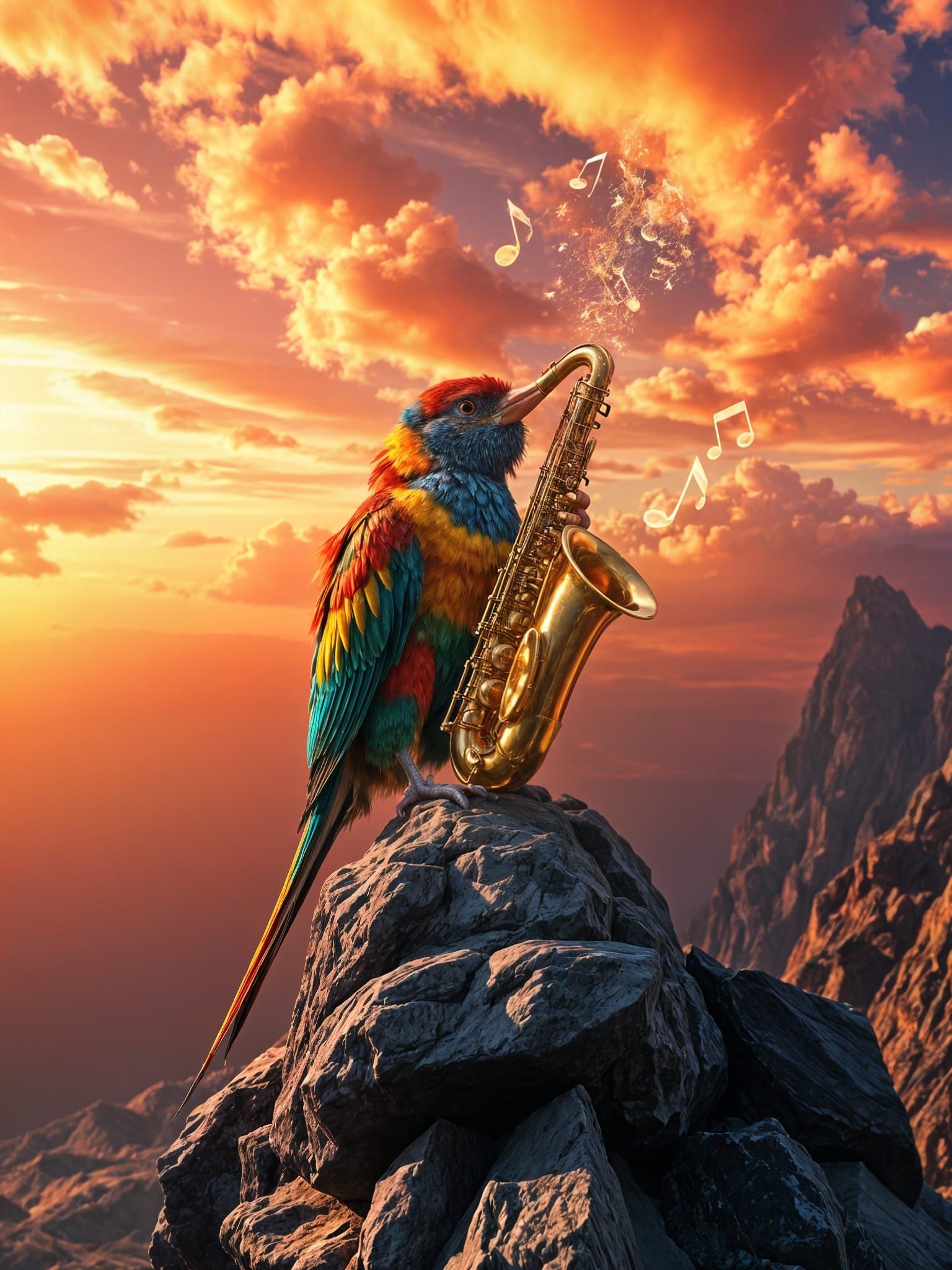 Bird in Epic Saxophone Performance Under Swirling Sunset