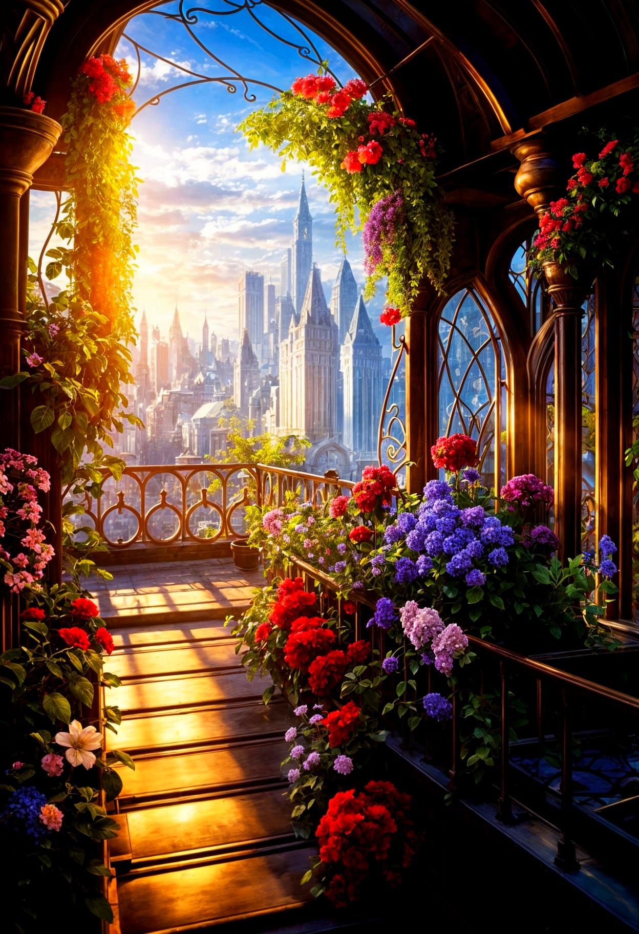 Beautiful Balcony with flowers seen from  fantasy greenhouse...