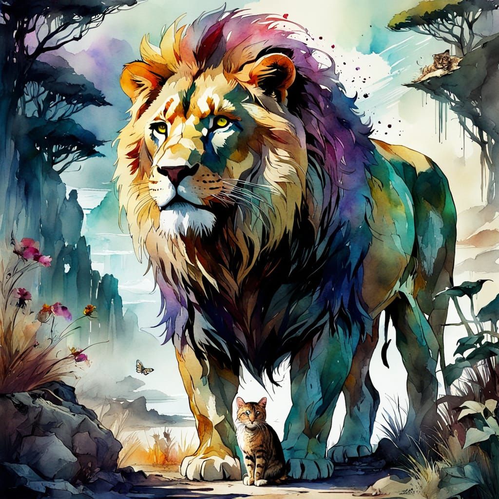 Utopian Lion and Cat in Fantasy Watercolor