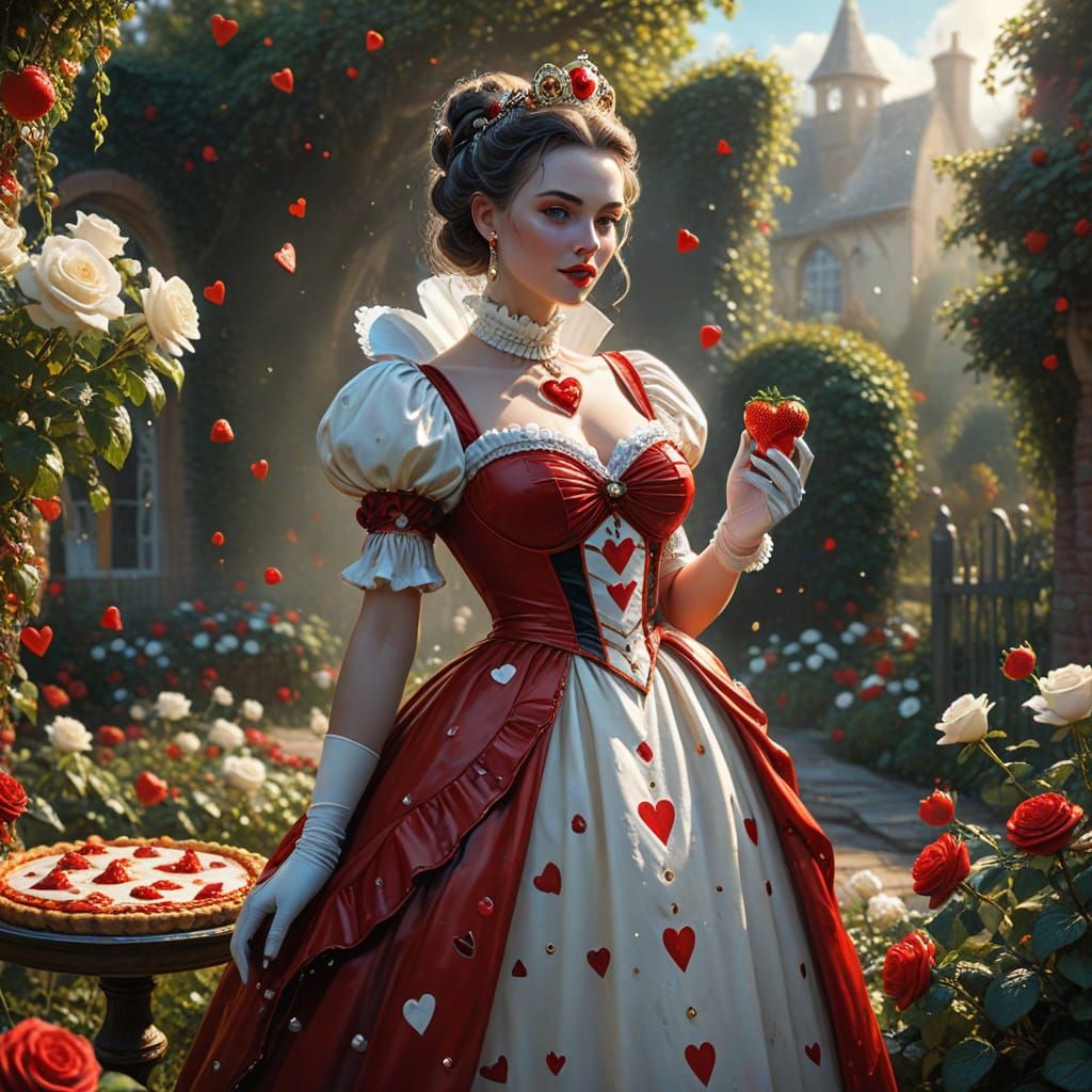 Queen of Hearts Holding Strawberry Pie in Rose Garden