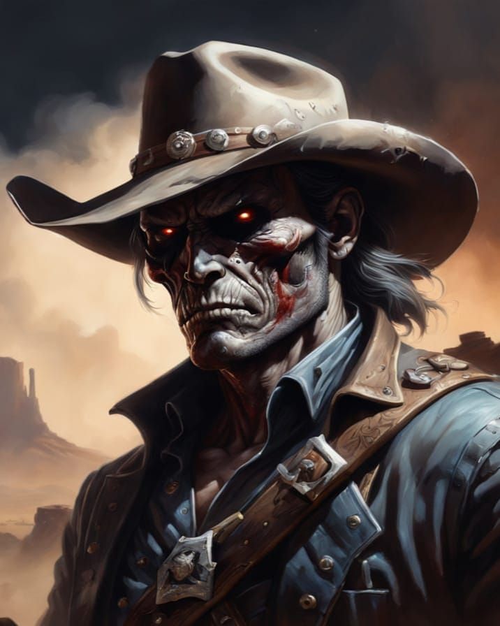 Dramatic Portrait of an Undead Cowboy in a Smoky Battlefield
