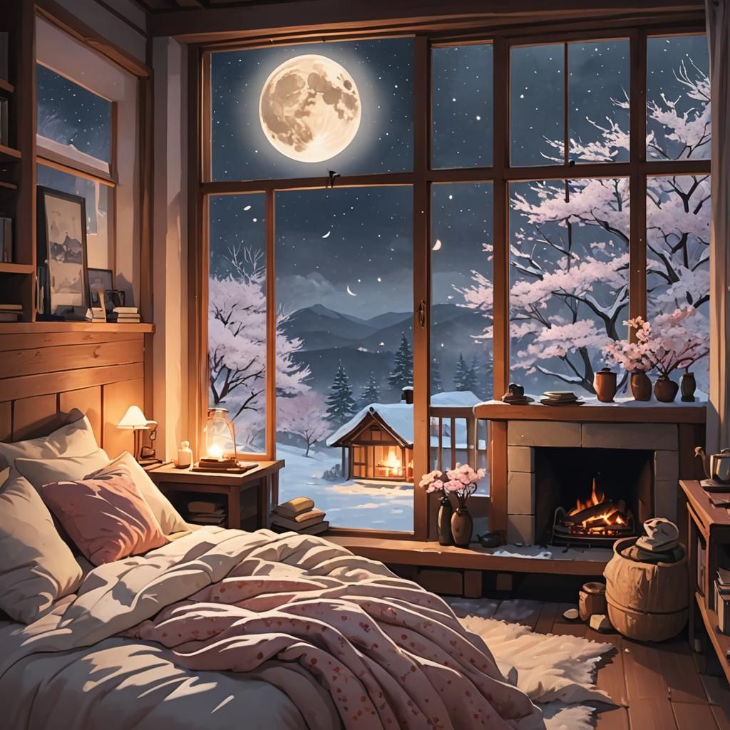 Cozy Christmas Room with Fireplace and Sakura Snow