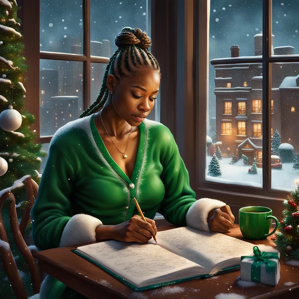 Woman Writing at Desk in Snowy Chicago, Digital Art