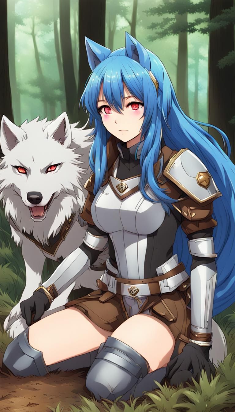Anime Girl with Wolf in Forest