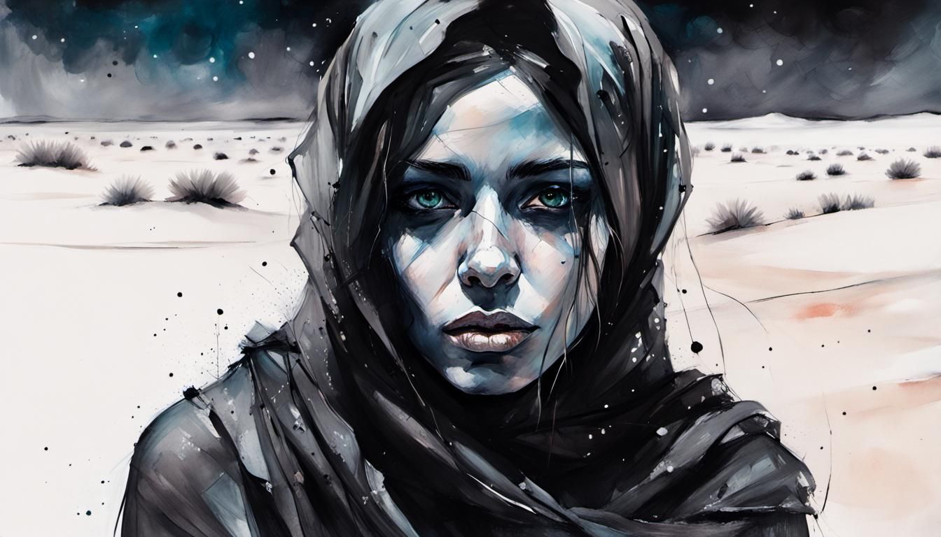 Bedouin Woman in Desert: Comic Noir Expressionism