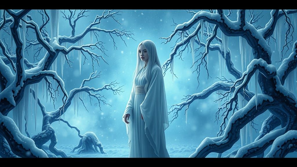 Ethereal Snow Woman in a Hauntingly Beautiful Landscape