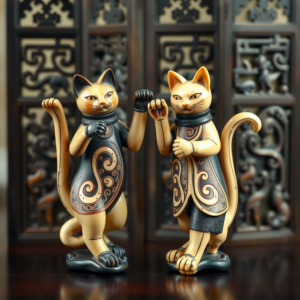 Dancing Netsuke Cats Conceptual Art