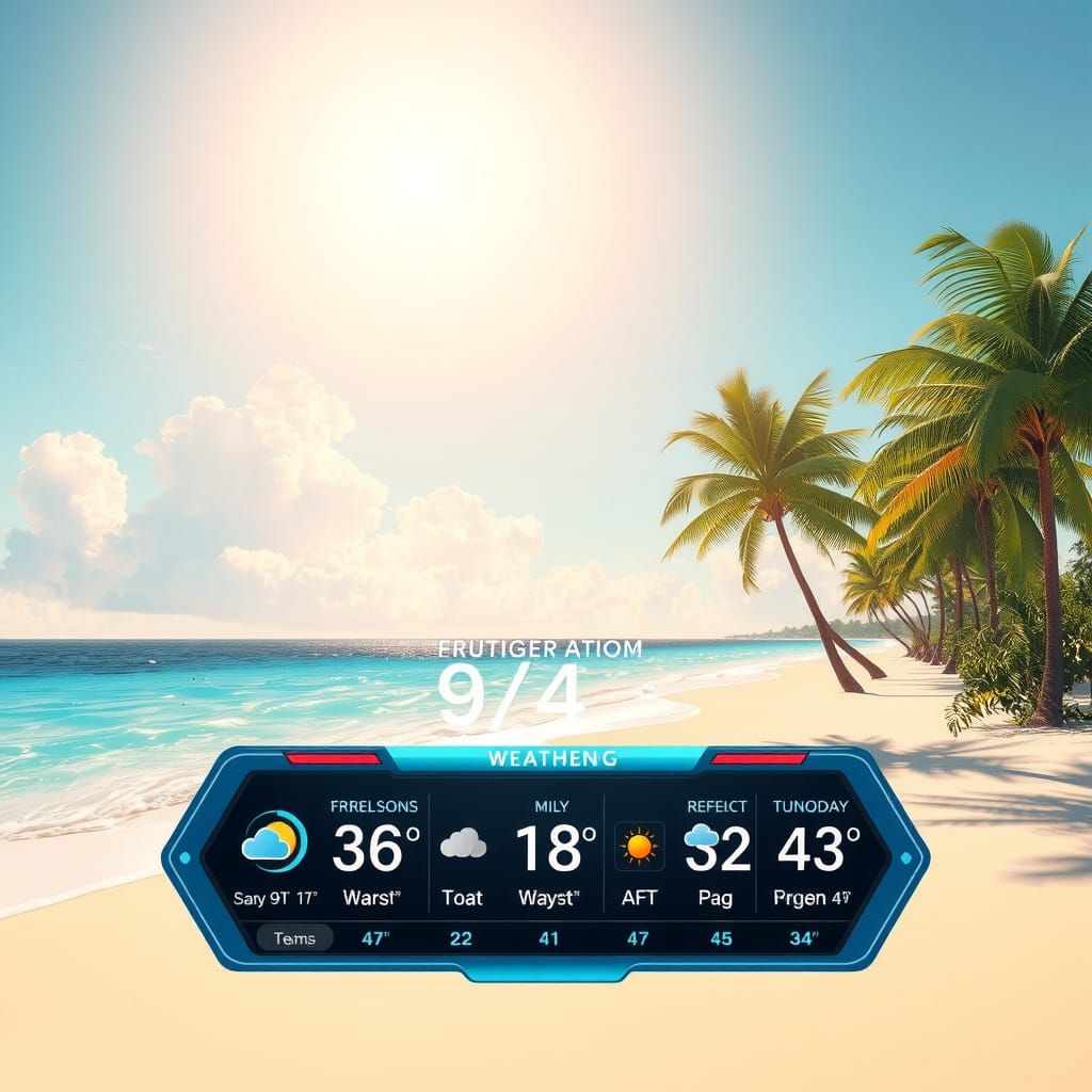 Tropical Beach with Futuristic Weather Station in Frutiger A...