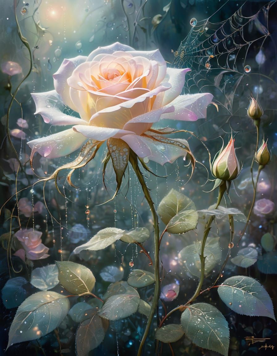 Ethereal Rose of Spider Silk in Dreamlike Garden