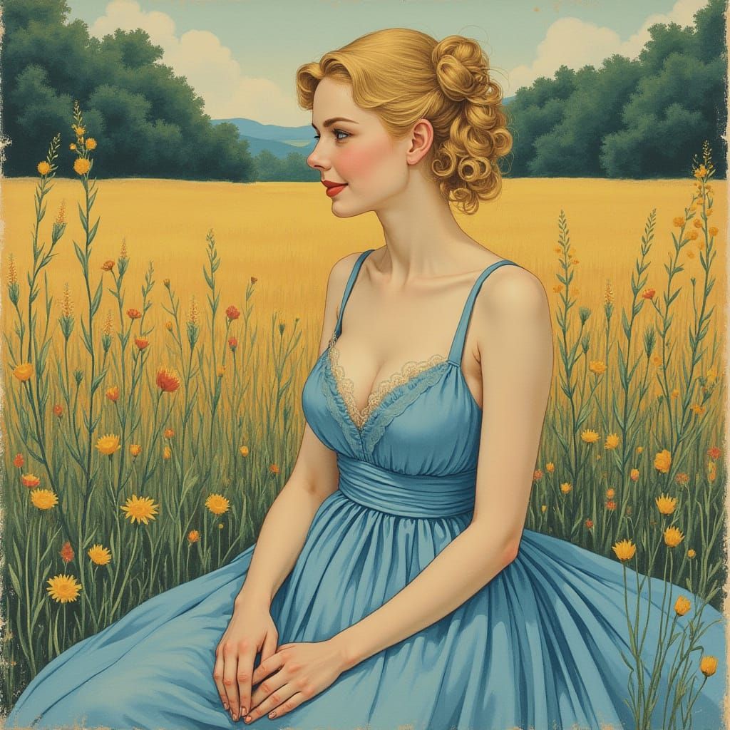 European Woman in Spring Garden, Art Nouveau Illustration