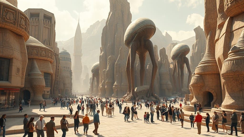 modern stone age architecture, organic looking textures, volumetric light, sharp focus, humans on streets and side...