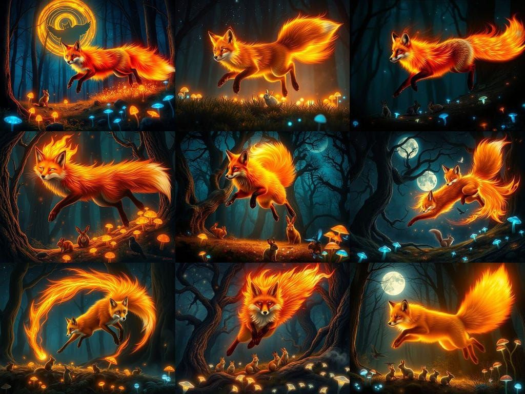 Fiery Fox Protects Woodland Creatures Under Starry Night