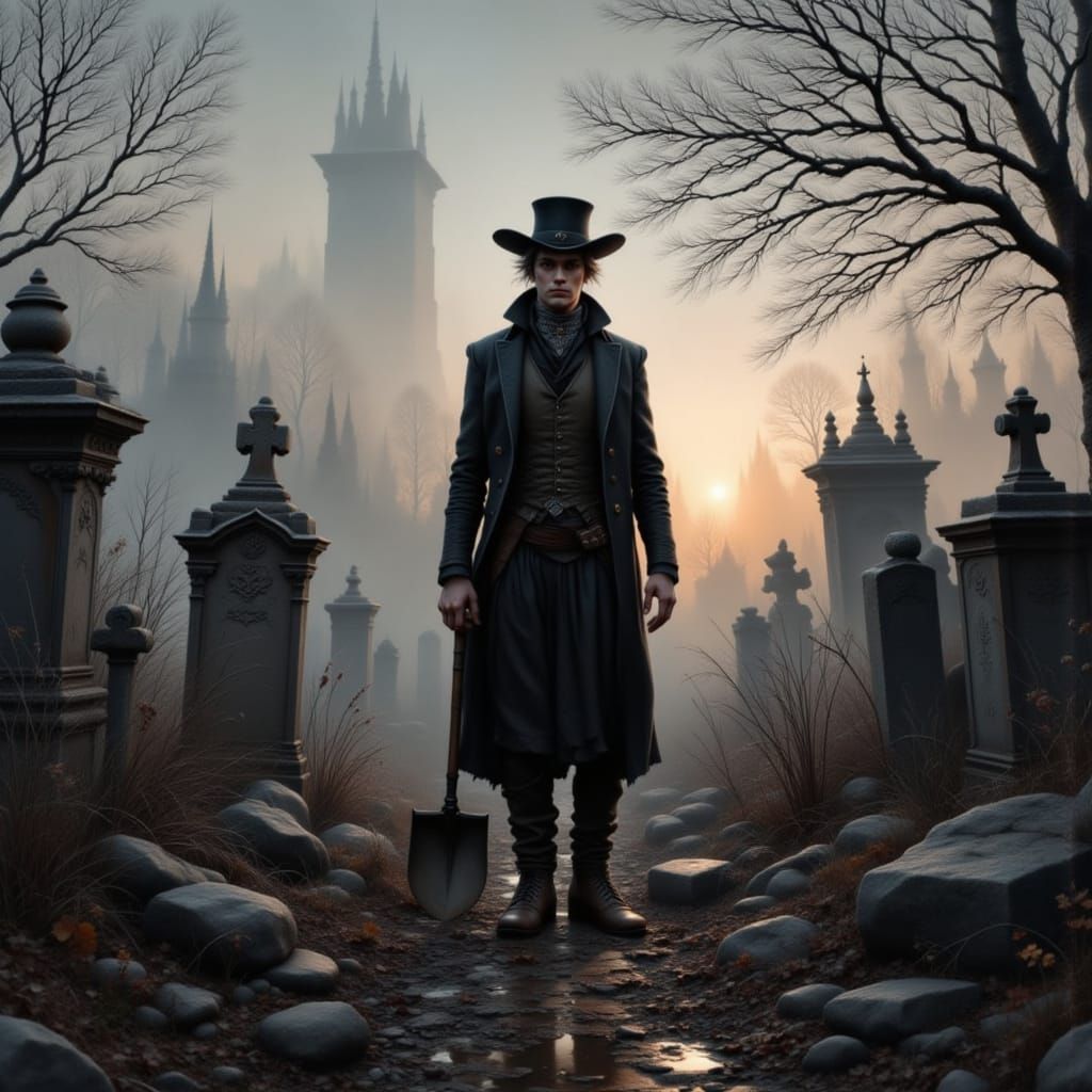 Young Man in Dark Attire, Gravedigger in a Gothic Atmosphere