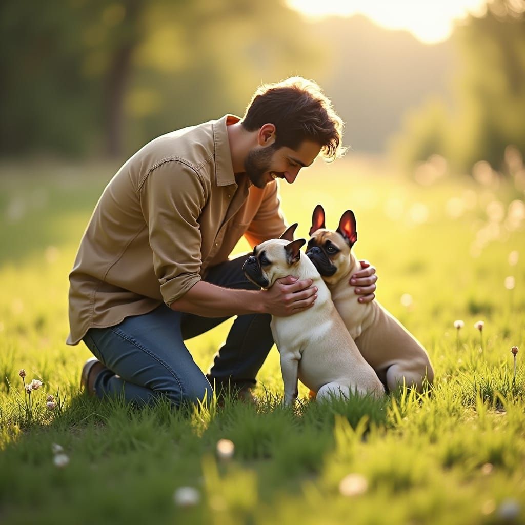 Man and French Bulldogs in Impressionistic Sunlight