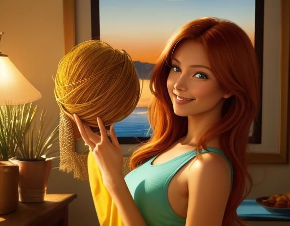 Auburn-Haired Woman in Yoga Pose: Oil Painting