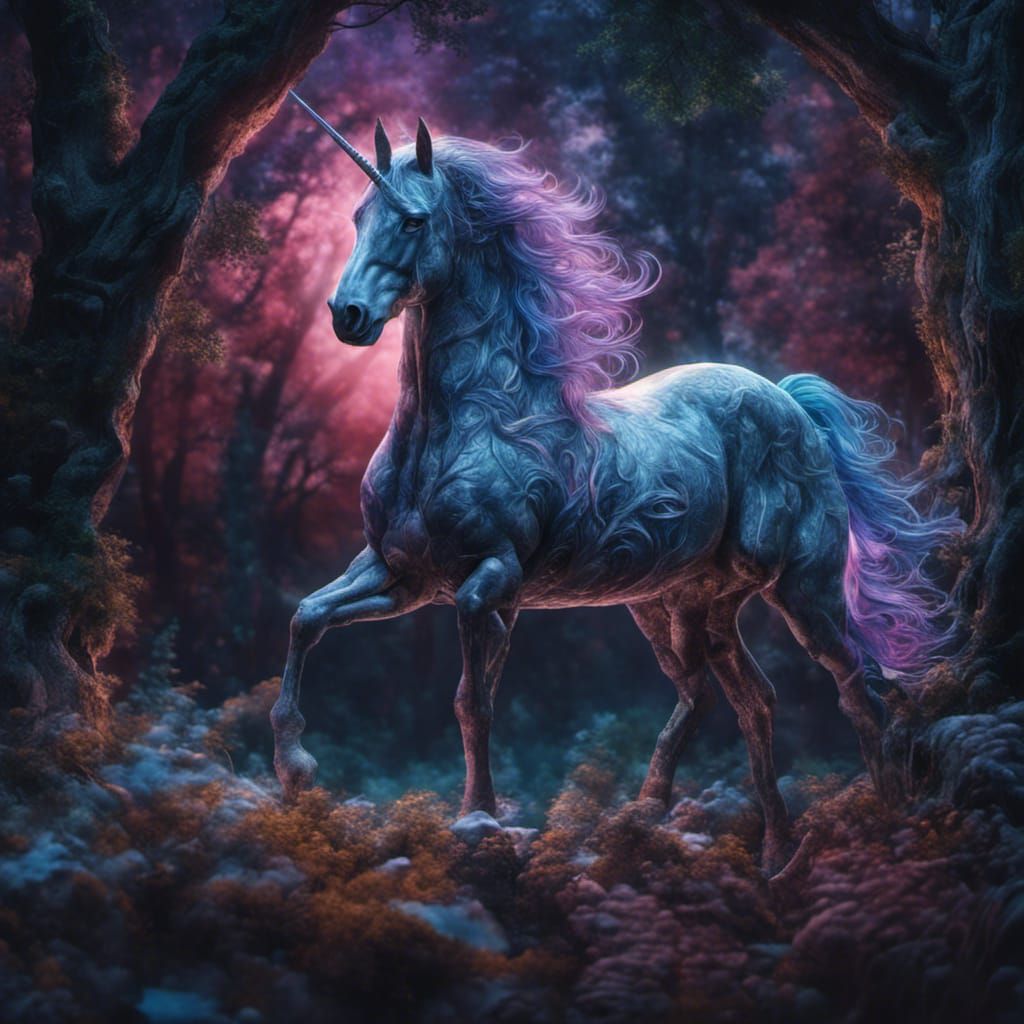 Dark Unicorn in Forest at Night: 3D Illustration