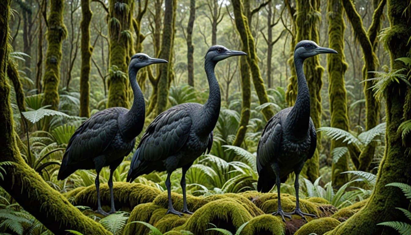Moa Birds in Ancient New Zealand Forest