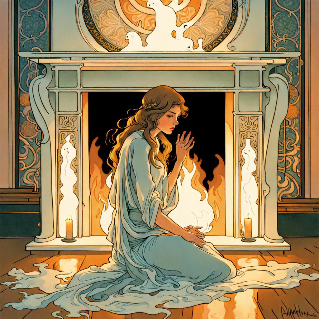 Art Nouveau Woman with Ethereal Ghosts