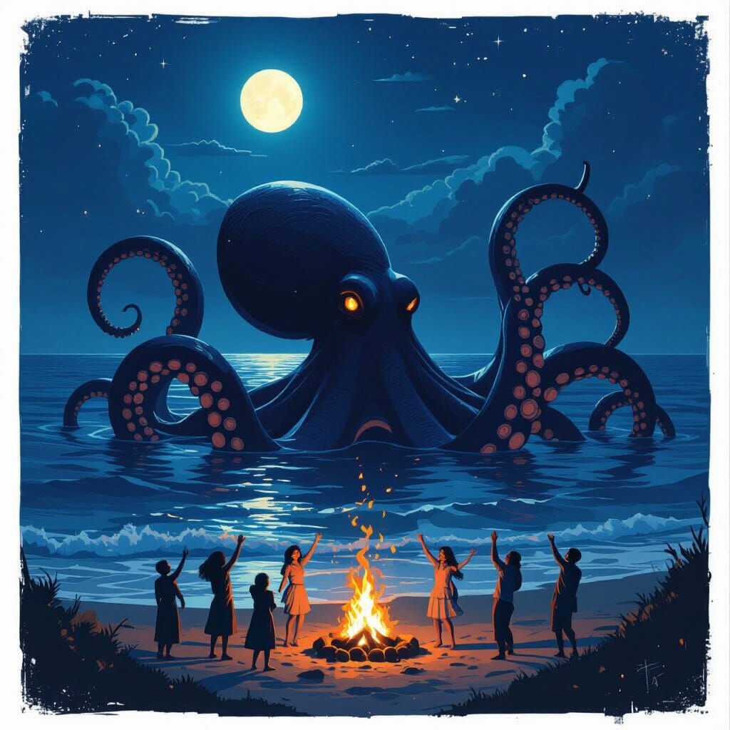 Giant Octopus Emerges from Sea in Dreamy Nostalgic Style