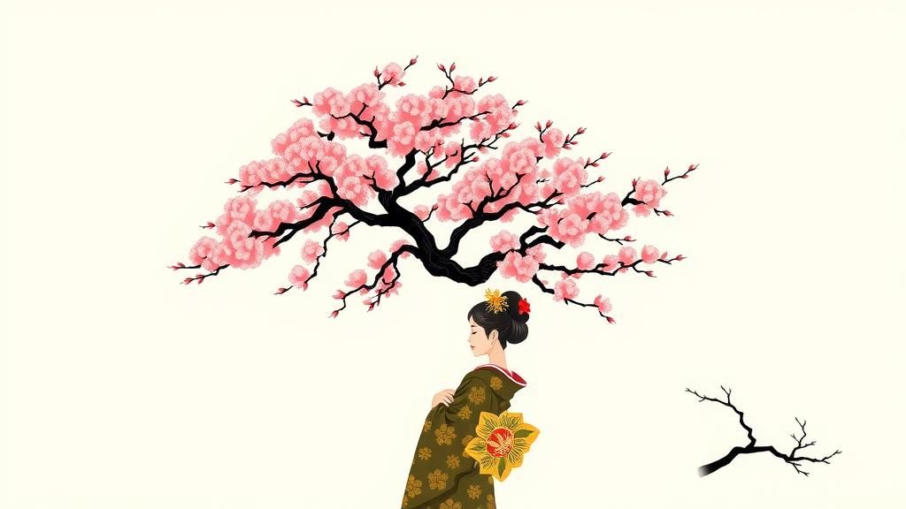 Geisha Under Cherry Blossoms: Japanese Woodblock Print