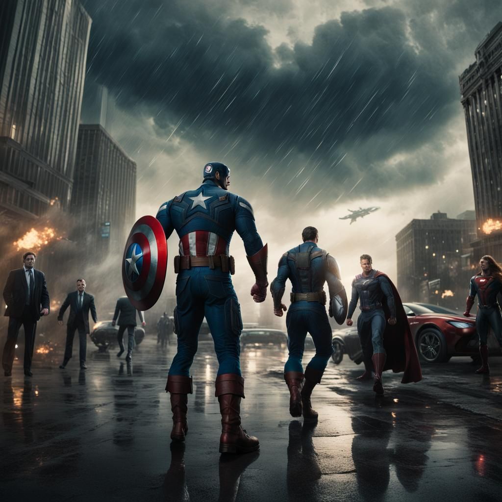 Superhero Clash in Metropolis: A Cinematic Film Still