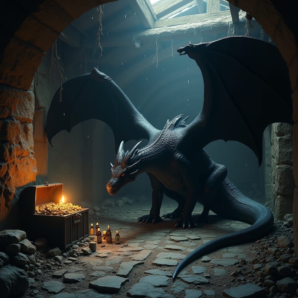 Hyperrealistic Dragon Guarding Treasure in Dark Dungeon
