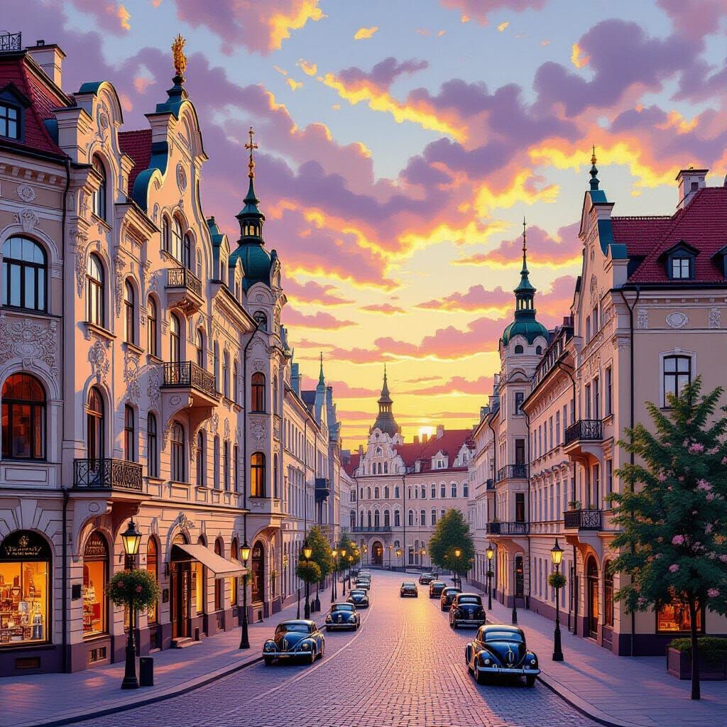 Art Nouveau Riga Sunset in Ethereal Light